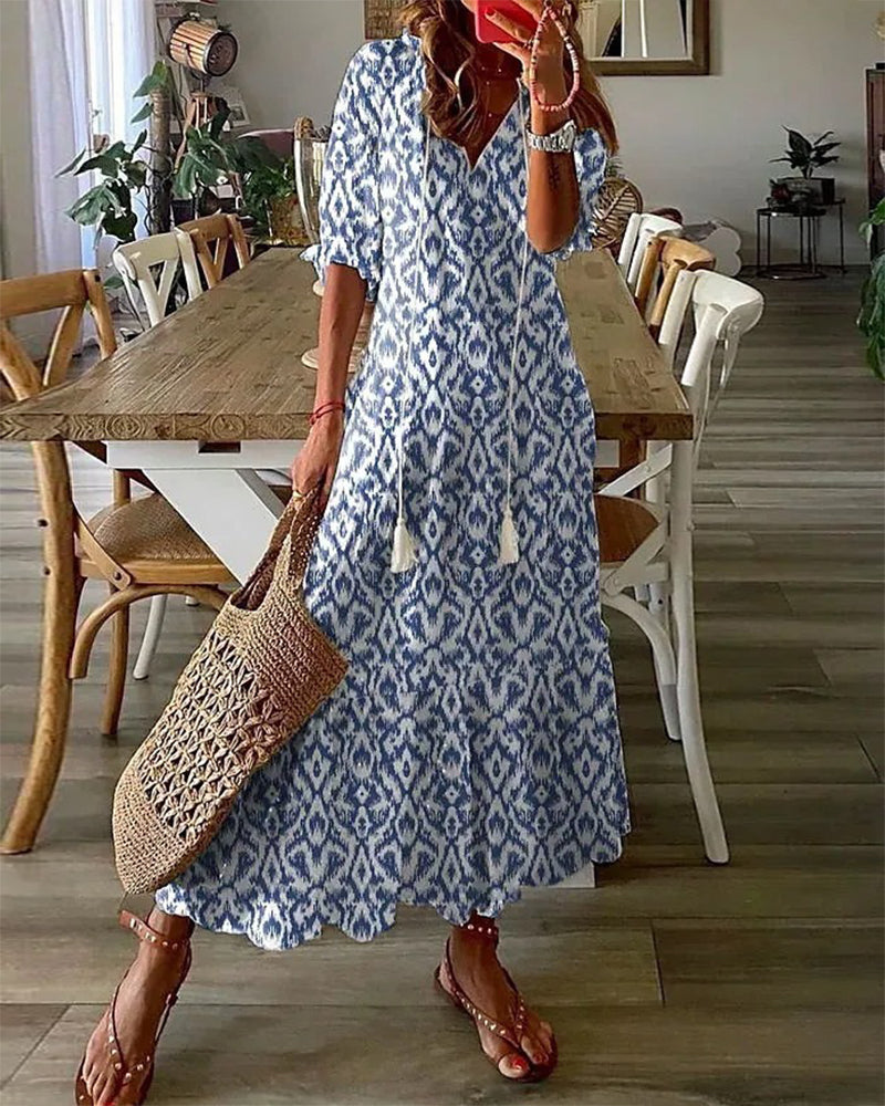 Kirra- Boho Vintage V-Neck Printed Dress