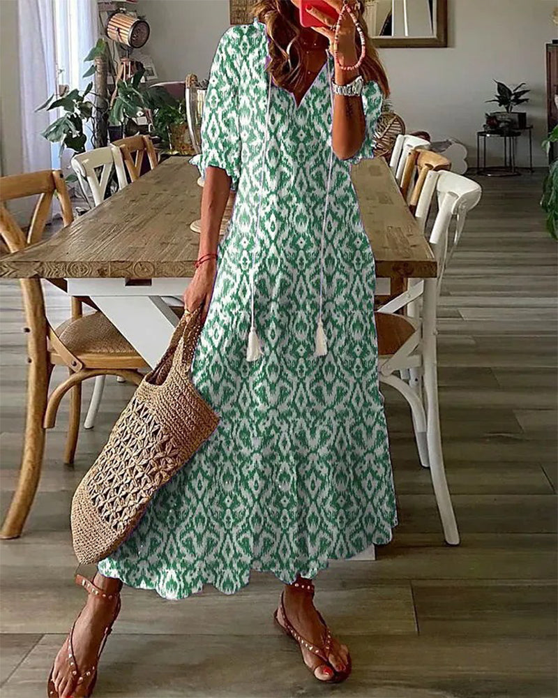 Kirra- Boho Vintage V-Neck Printed Dress