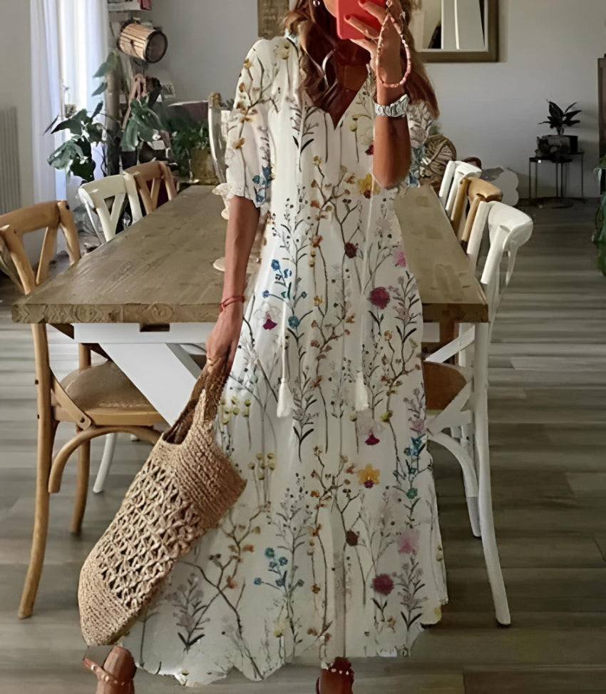 Kirra- Boho Vintage V-Neck Printed Dress