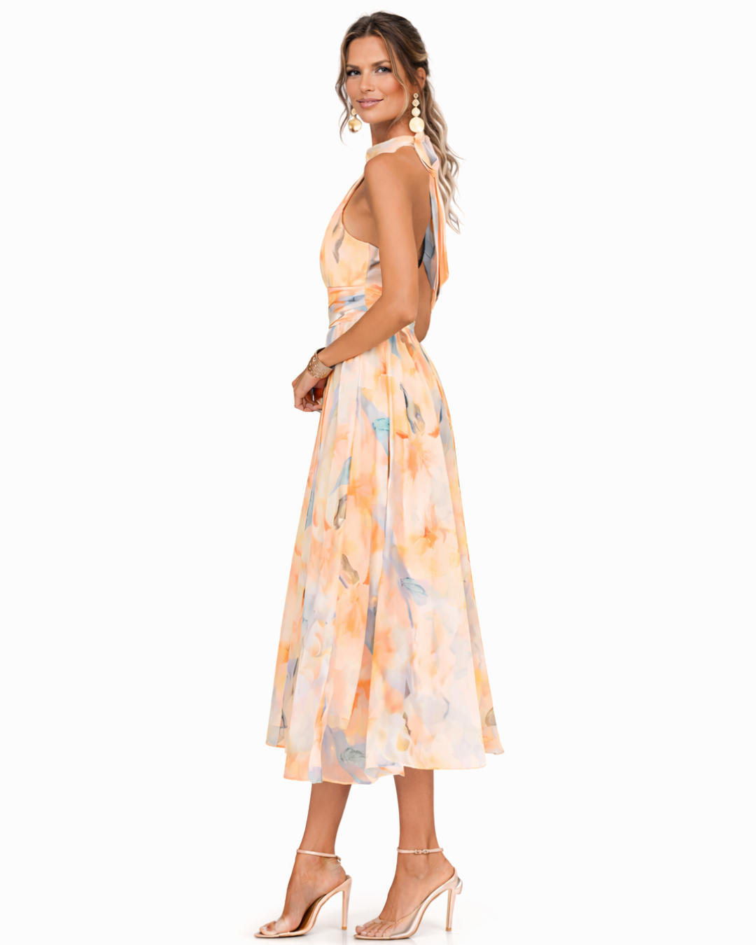 Aurora | Halter dress with an elegant neckline and watercolor print, romantic and light