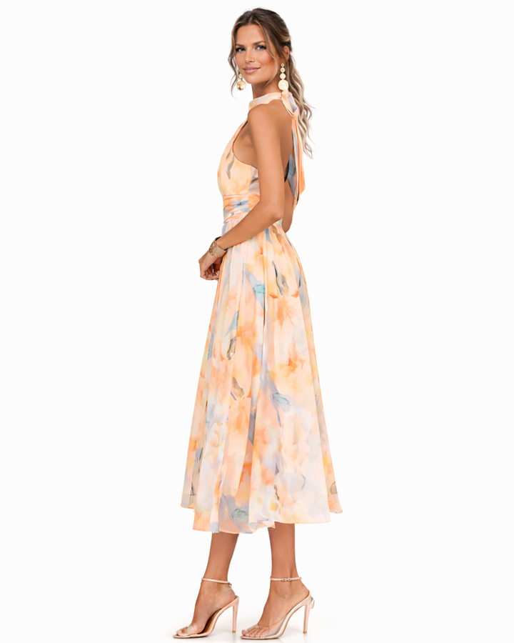 Aurora | Halter dress with an elegant neckline and watercolor print, romantic and light
