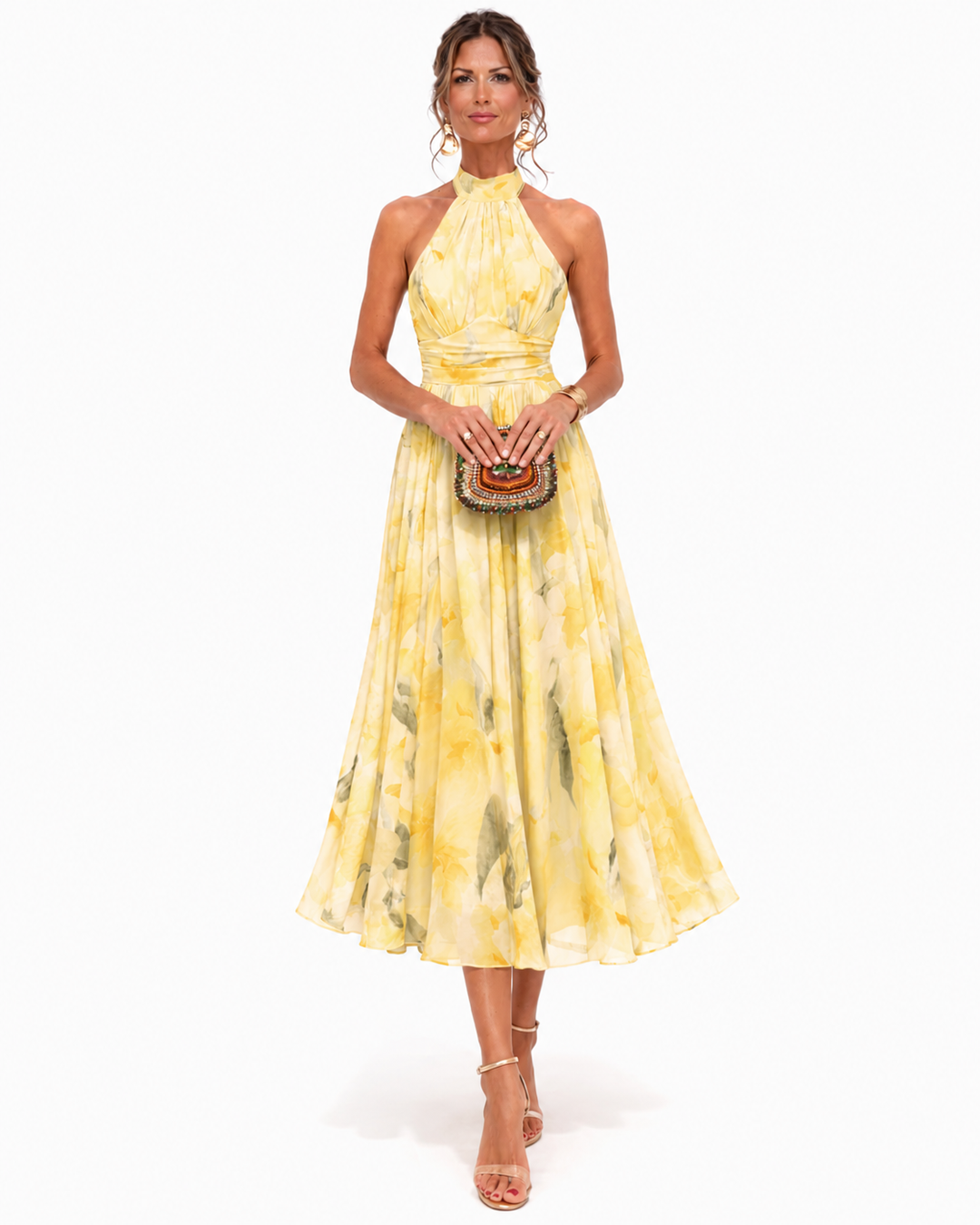 Aurora | Halter dress with an elegant neckline and watercolor print, romantic and light