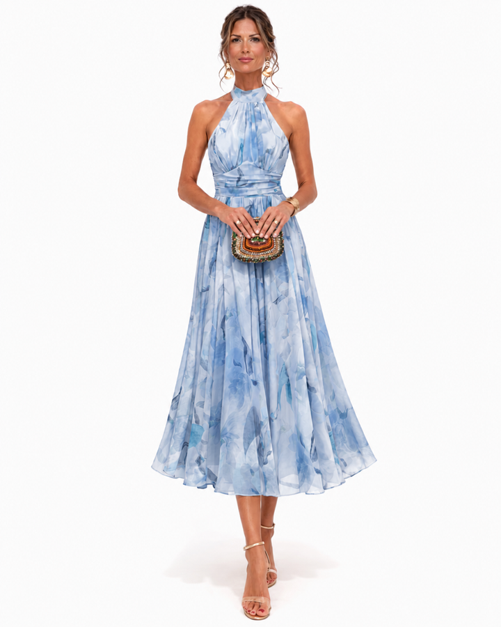 Aurora | Halter dress with an elegant neckline and watercolor print, romantic and light