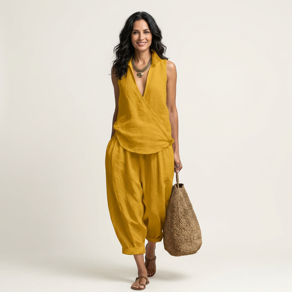 Women’s Wrap Top And Wide-Leg Pants Set