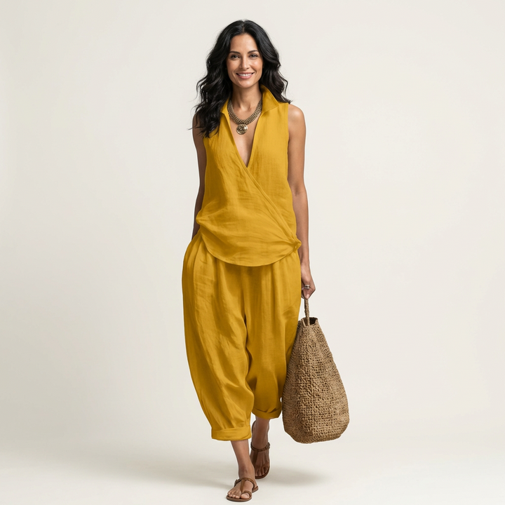 Women’s Wrap Top And Wide-Leg Pants Set