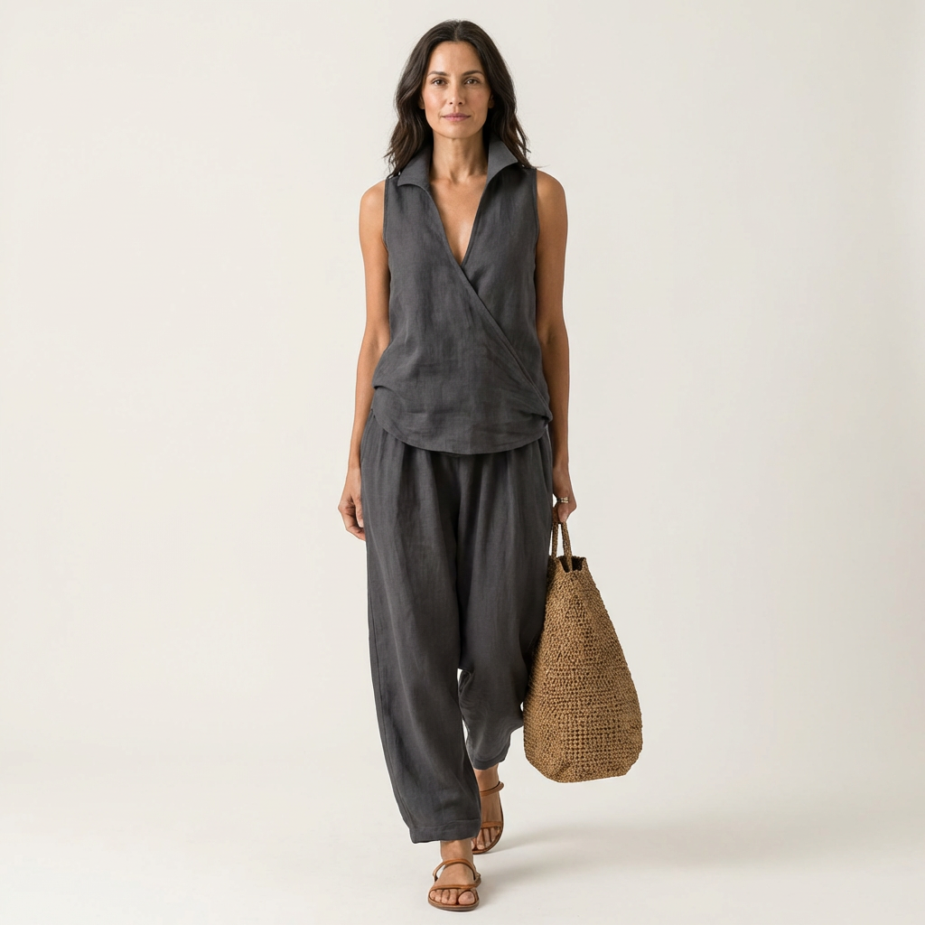 Women’s Wrap Top And Wide-Leg Pants Set