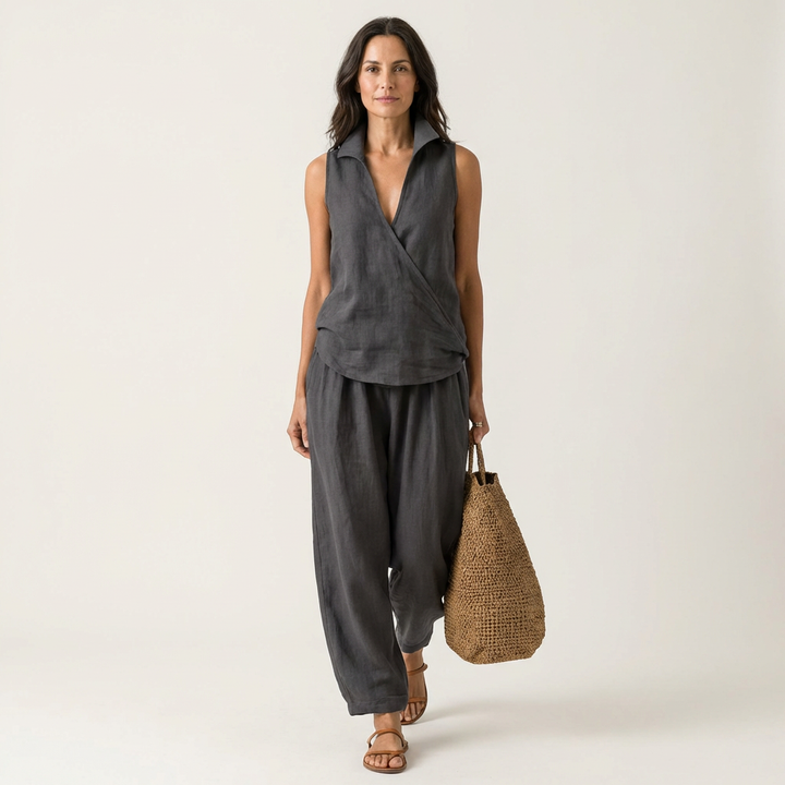 Women’s Wrap Top And Wide-Leg Pants Set