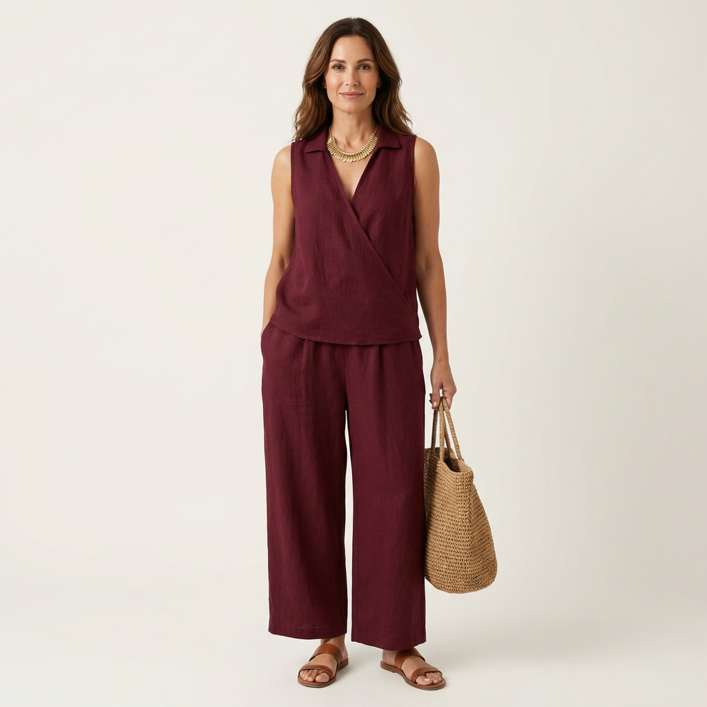 Women’s Wrap Top And Wide-Leg Pants Set