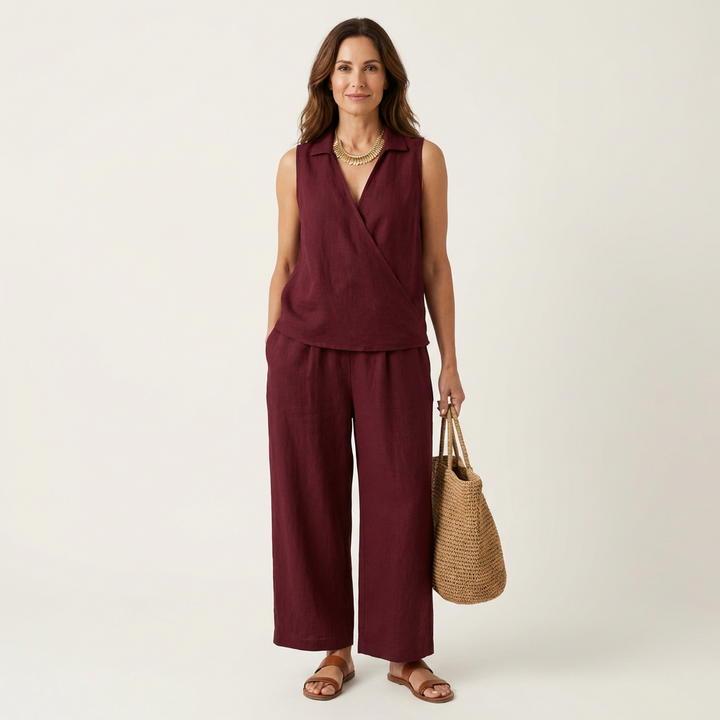 Women’s Wrap Top And Wide-Leg Pants Set