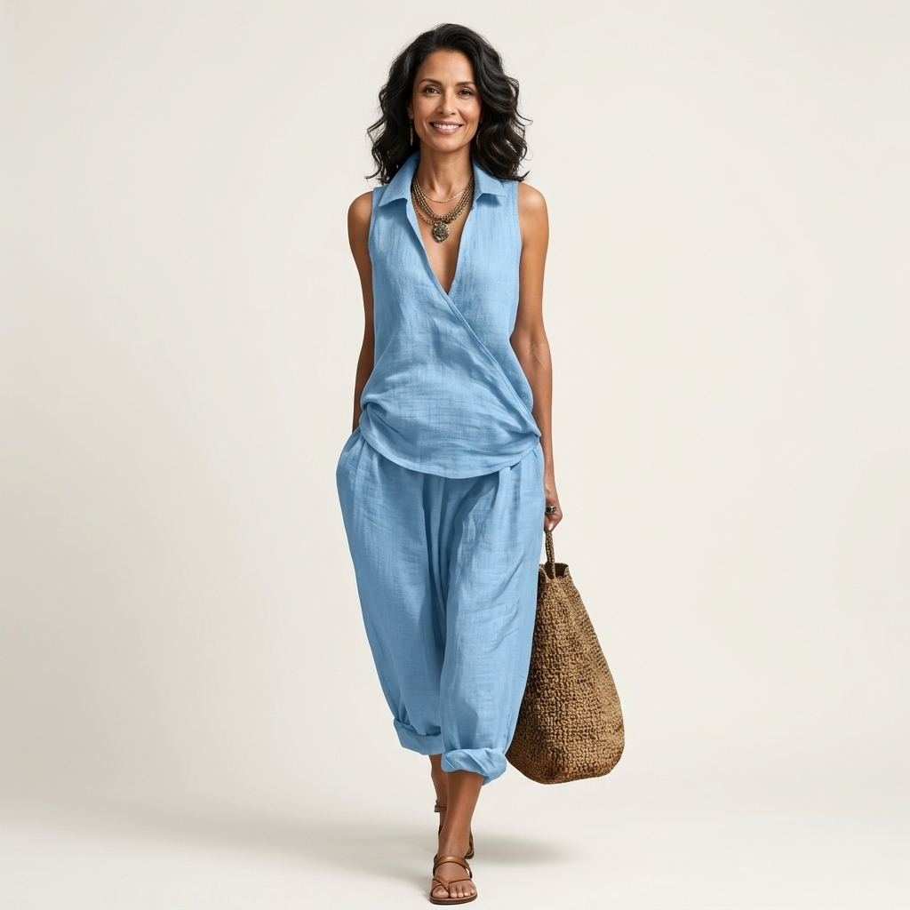 Women’s Wrap Top And Wide-Leg Pants Set