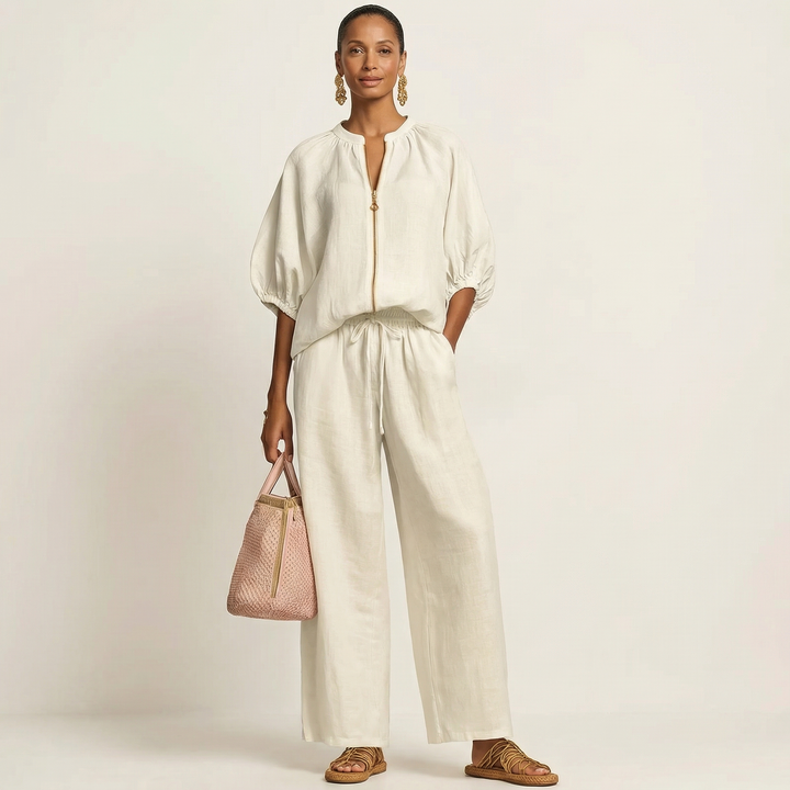 Women’s Zipper-Front Puff-Sleeve Two-Piece Set