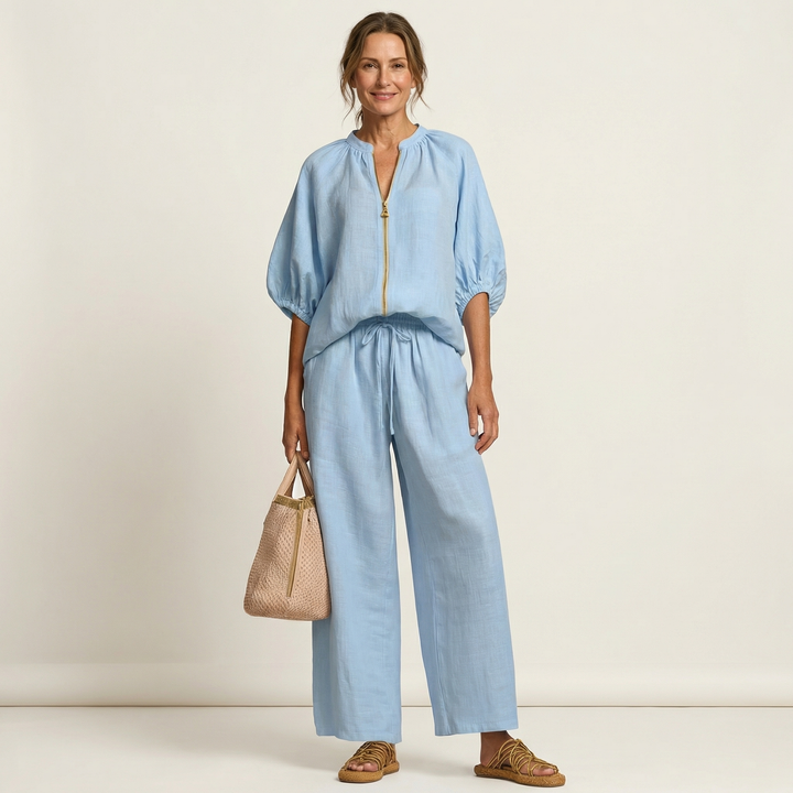 Women’s Zipper-Front Puff-Sleeve Two-Piece Set