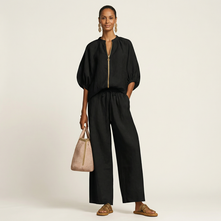 Women’s Zipper-Front Puff-Sleeve Two-Piece Set