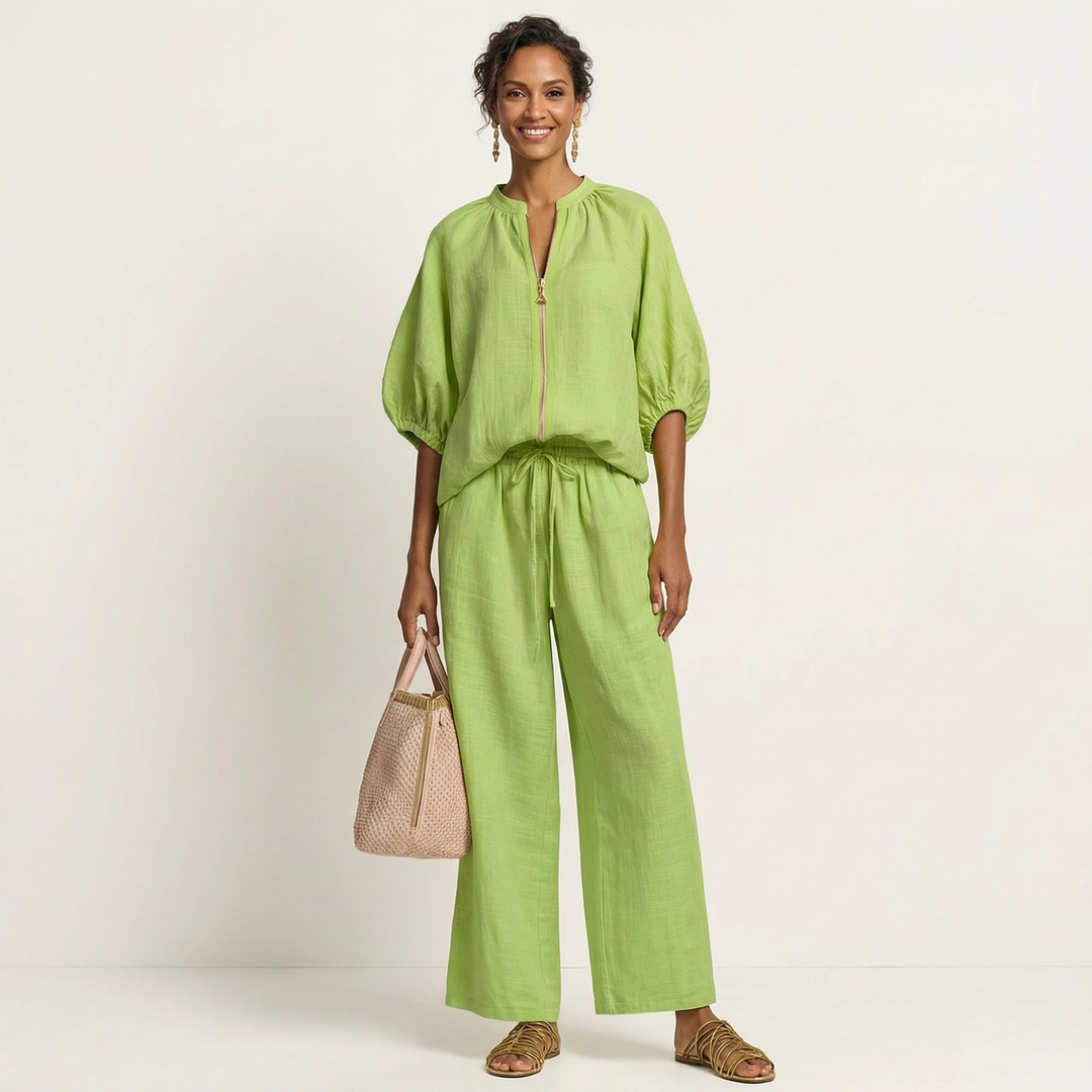 Women’s Zipper-Front Puff-Sleeve Two-Piece Set