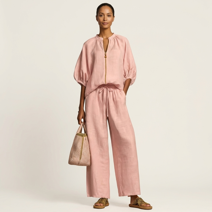 Women’s Zipper-Front Puff-Sleeve Two-Piece Set