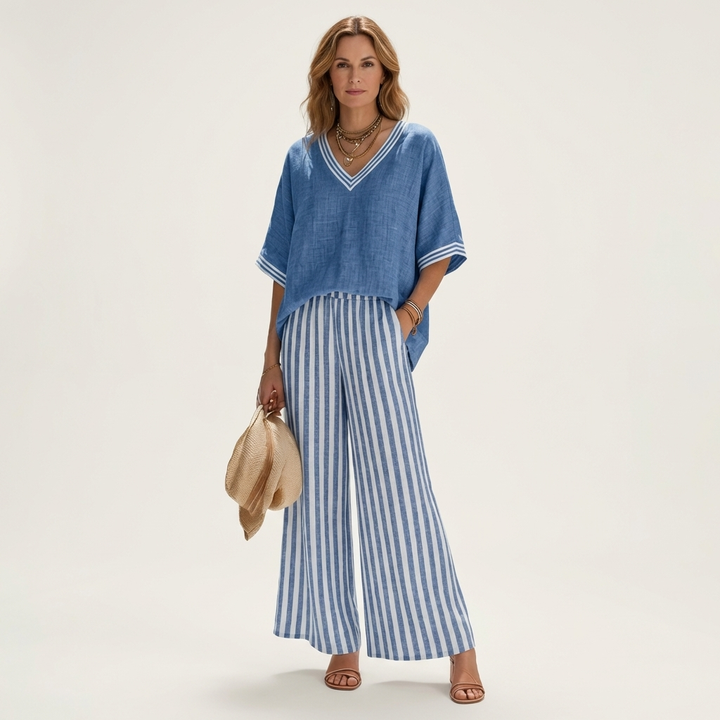Women’s V-Neck Striped Wide-Leg Top And Pants Set
