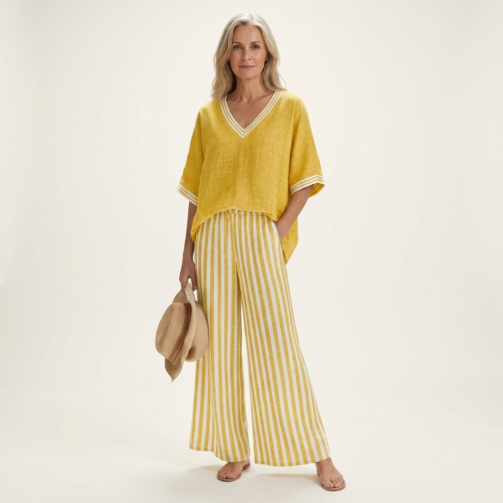 Women’s V-Neck Striped Wide-Leg Top And Pants Set