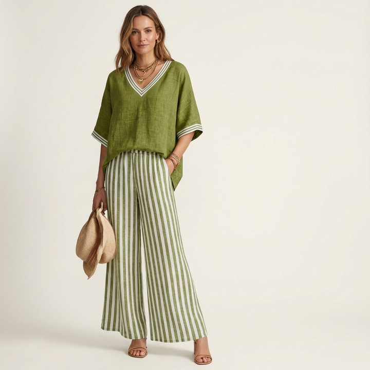 Women’s V-Neck Striped Wide-Leg Top And Pants Set