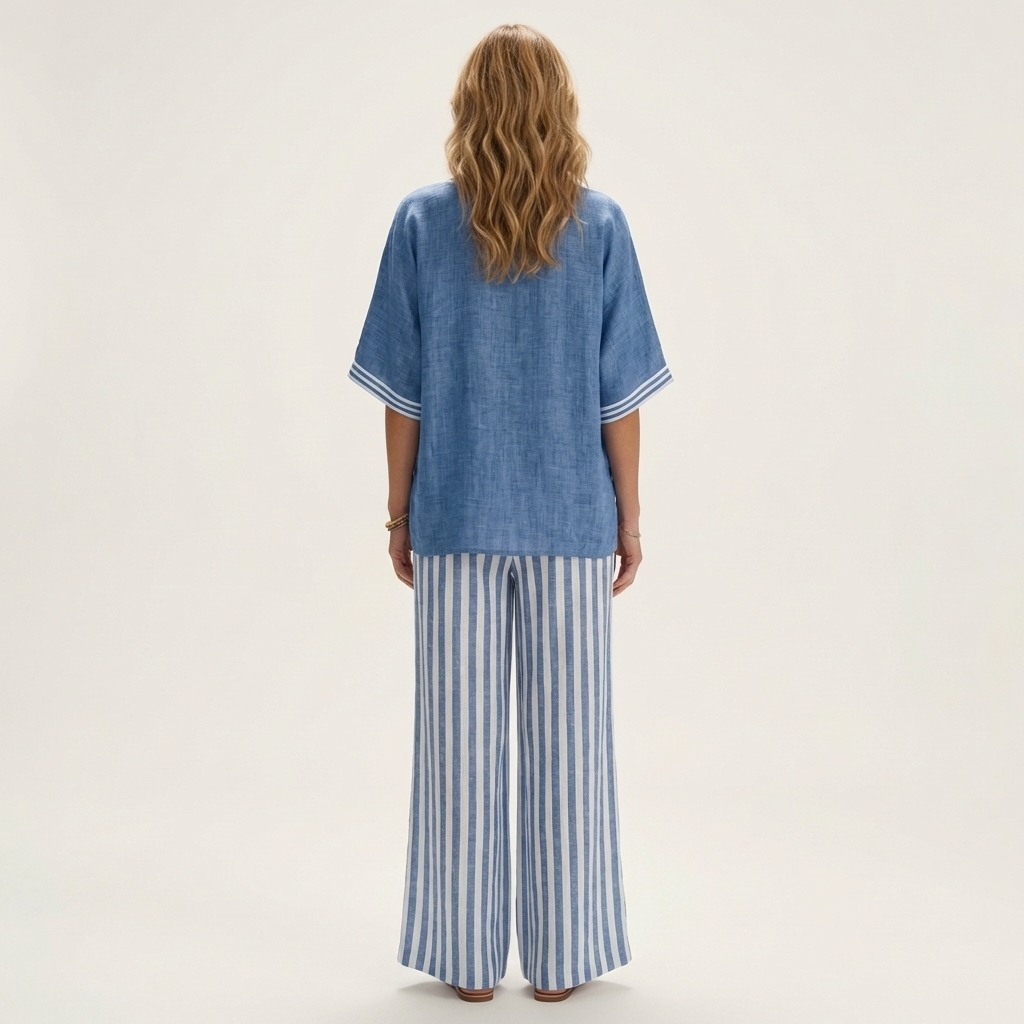 Women’s V-Neck Striped Wide-Leg Top And Pants Set