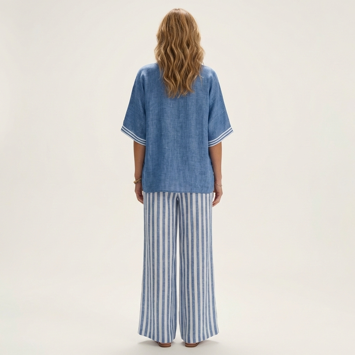 Women’s V-Neck Striped Wide-Leg Top And Pants Set