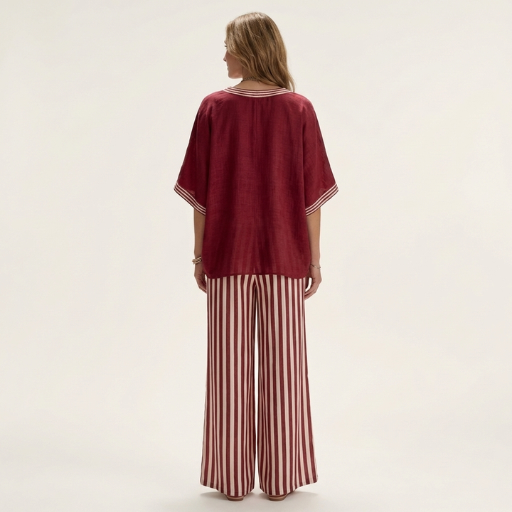 Women’s V-Neck Striped Wide-Leg Top And Pants Set