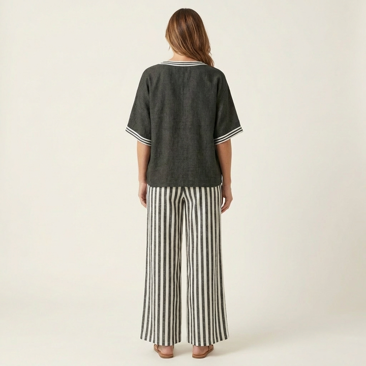 Women’s V-Neck Striped Wide-Leg Top And Pants Set