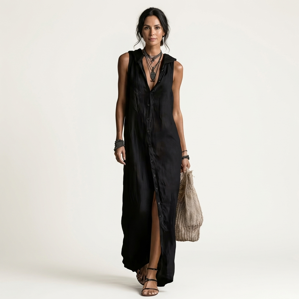 Women’s Hooded Button Front Sleeveless Maxi Dress