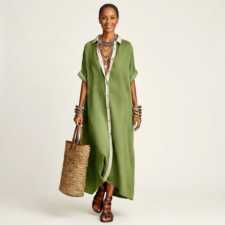 Women’s Button-Front Short-Sleeve Maxi Shirt Dress