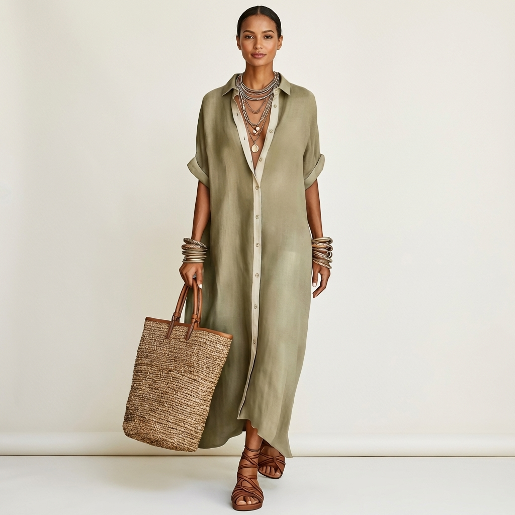Women’s Button-Front Short-Sleeve Maxi Shirt Dress