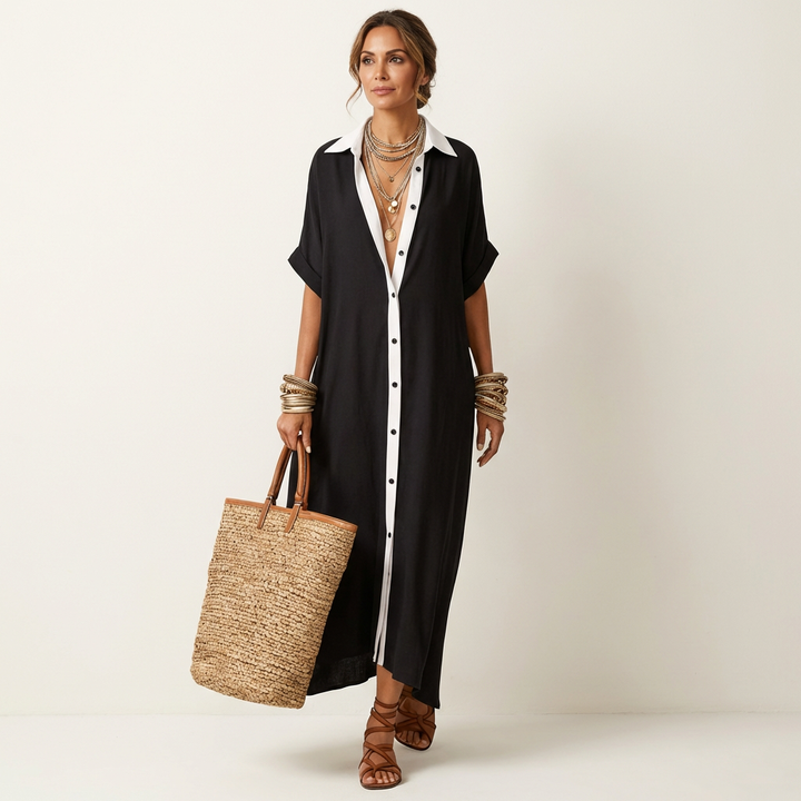 Women’s Button-Front Short-Sleeve Maxi Shirt Dress
