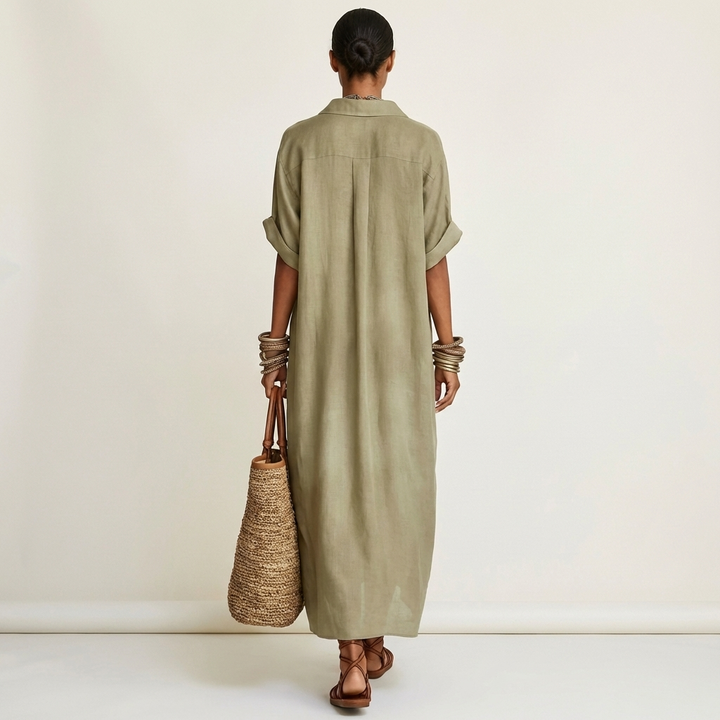 Women’s Button-Front Short-Sleeve Maxi Shirt Dress