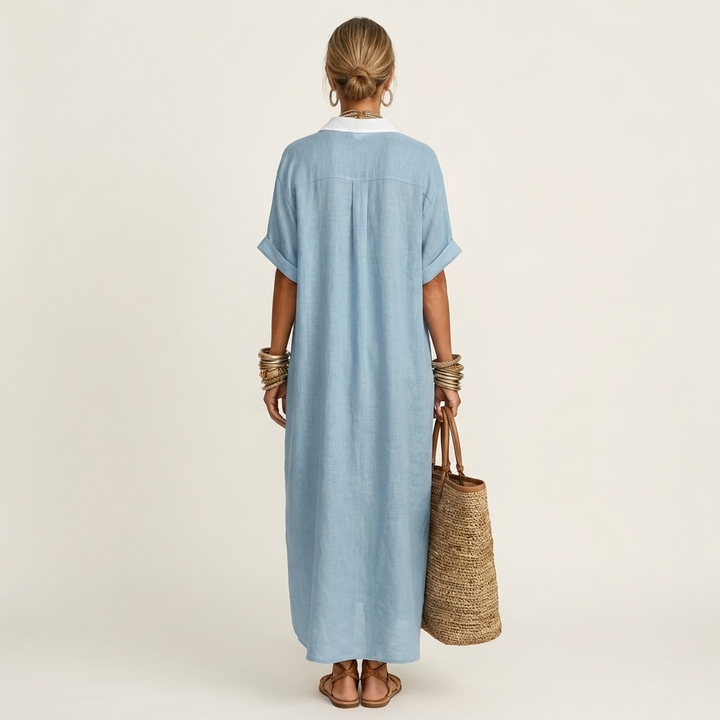 Women’s Button-Front Short-Sleeve Maxi Shirt Dress