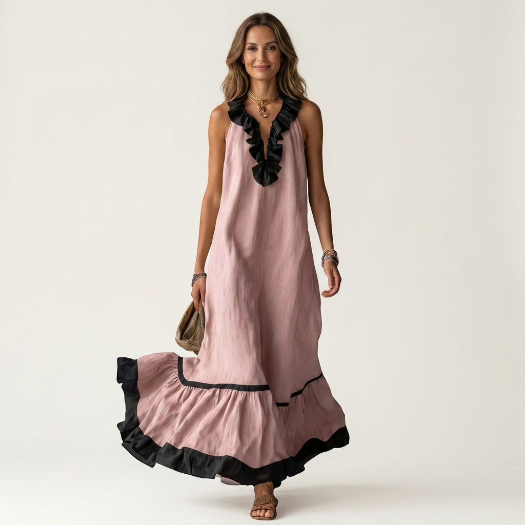 Women’s Sleeveless Ruffle Neck Contrast Trim Maxi Dress