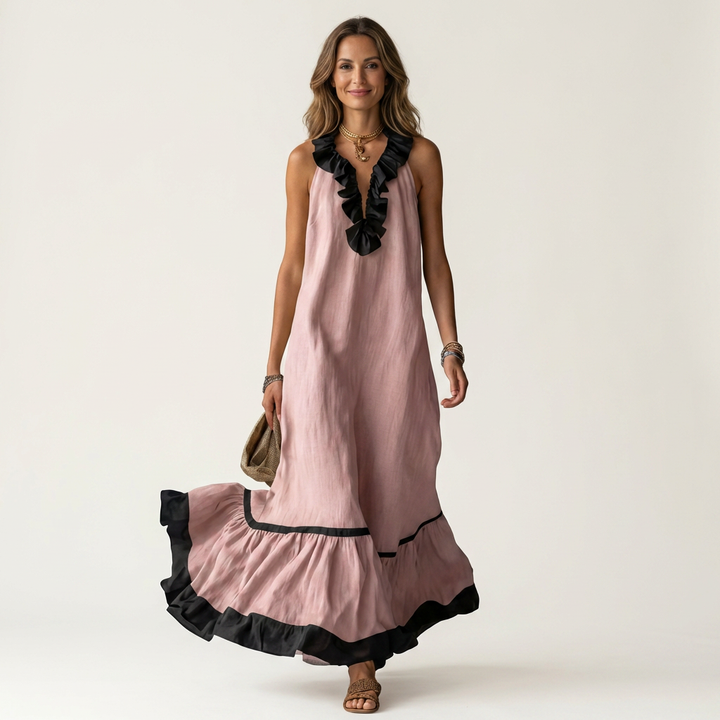 Women’s Sleeveless Ruffle Neck Contrast Trim Maxi Dress