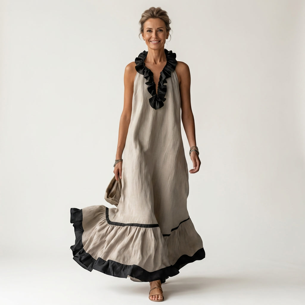 Women’s Sleeveless Ruffle Neck Contrast Trim Maxi Dress