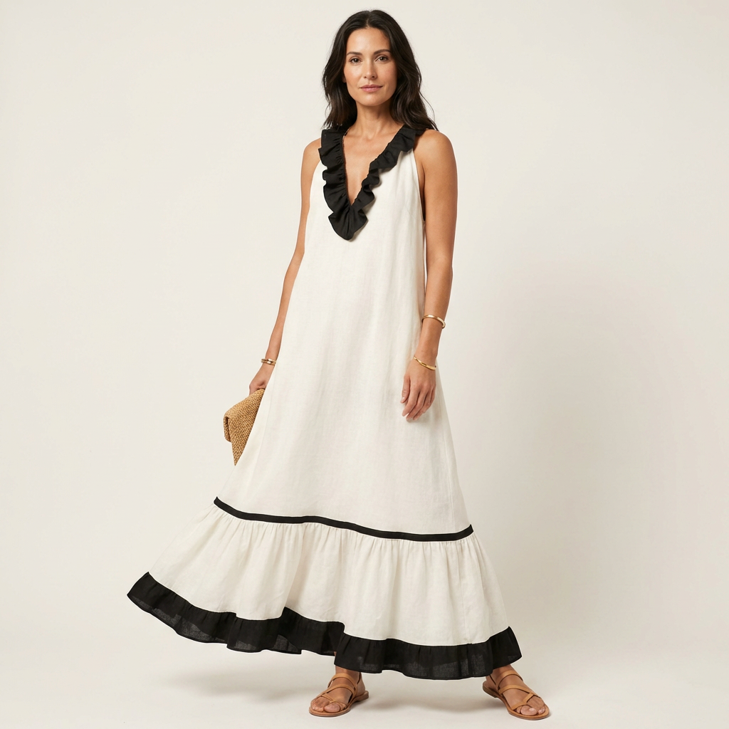 Women’s Sleeveless Ruffle Neck Contrast Trim Maxi Dress