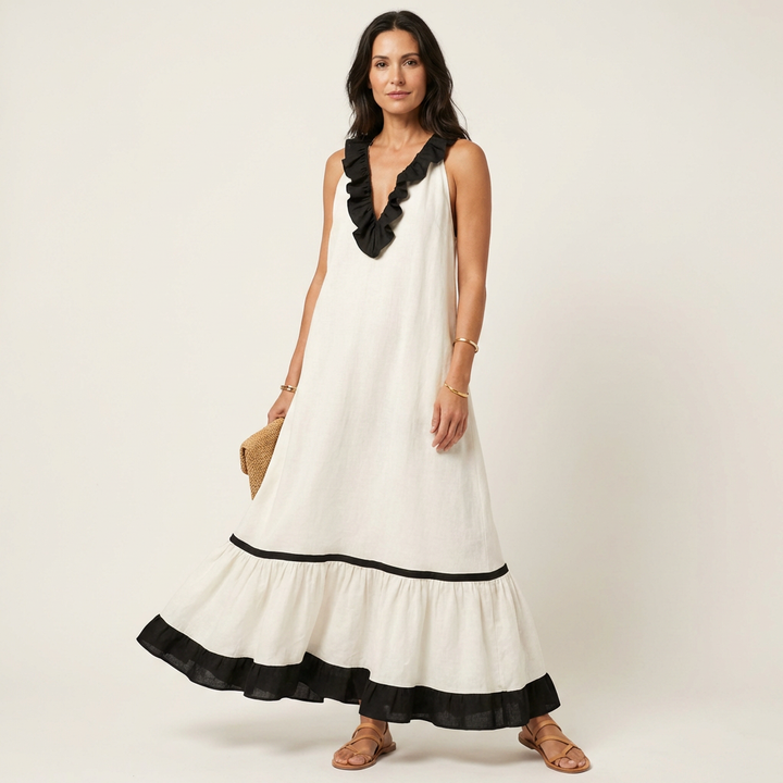 Women’s Sleeveless Ruffle Neck Contrast Trim Maxi Dress