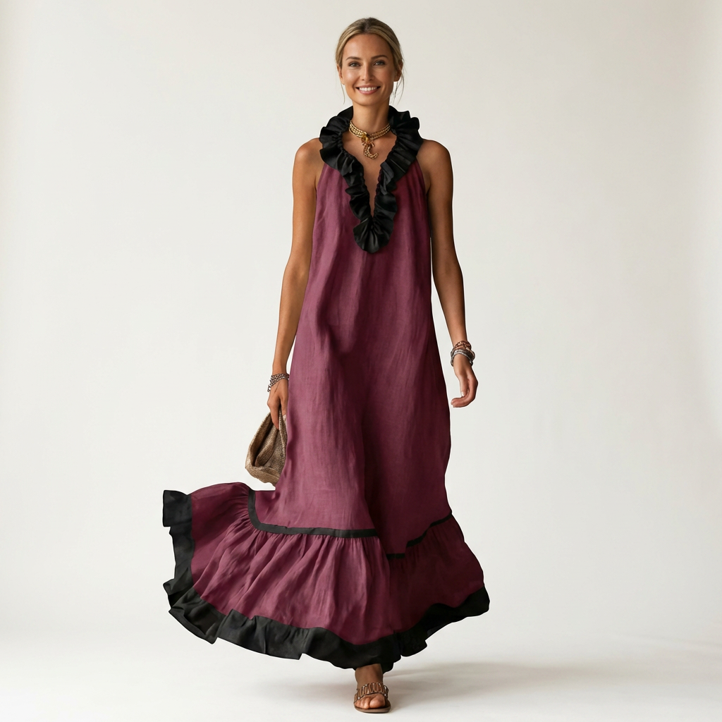 Women’s Sleeveless Ruffle Neck Contrast Trim Maxi Dress
