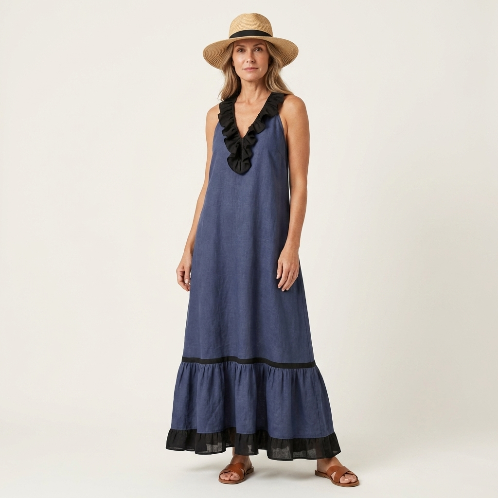 Women’s Sleeveless Ruffle Neck Contrast Trim Maxi Dress