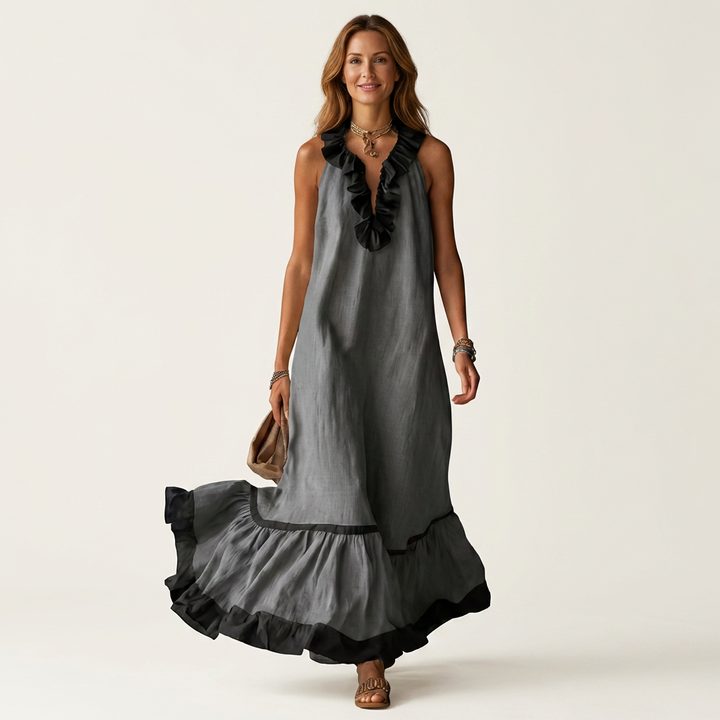 Women’s Sleeveless Ruffle Neck Contrast Trim Maxi Dress