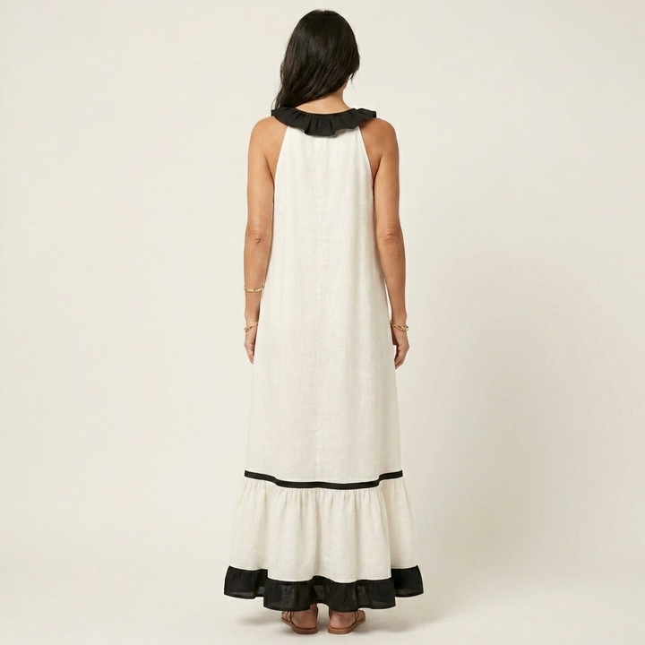 Women’s Sleeveless Ruffle Neck Contrast Trim Maxi Dress