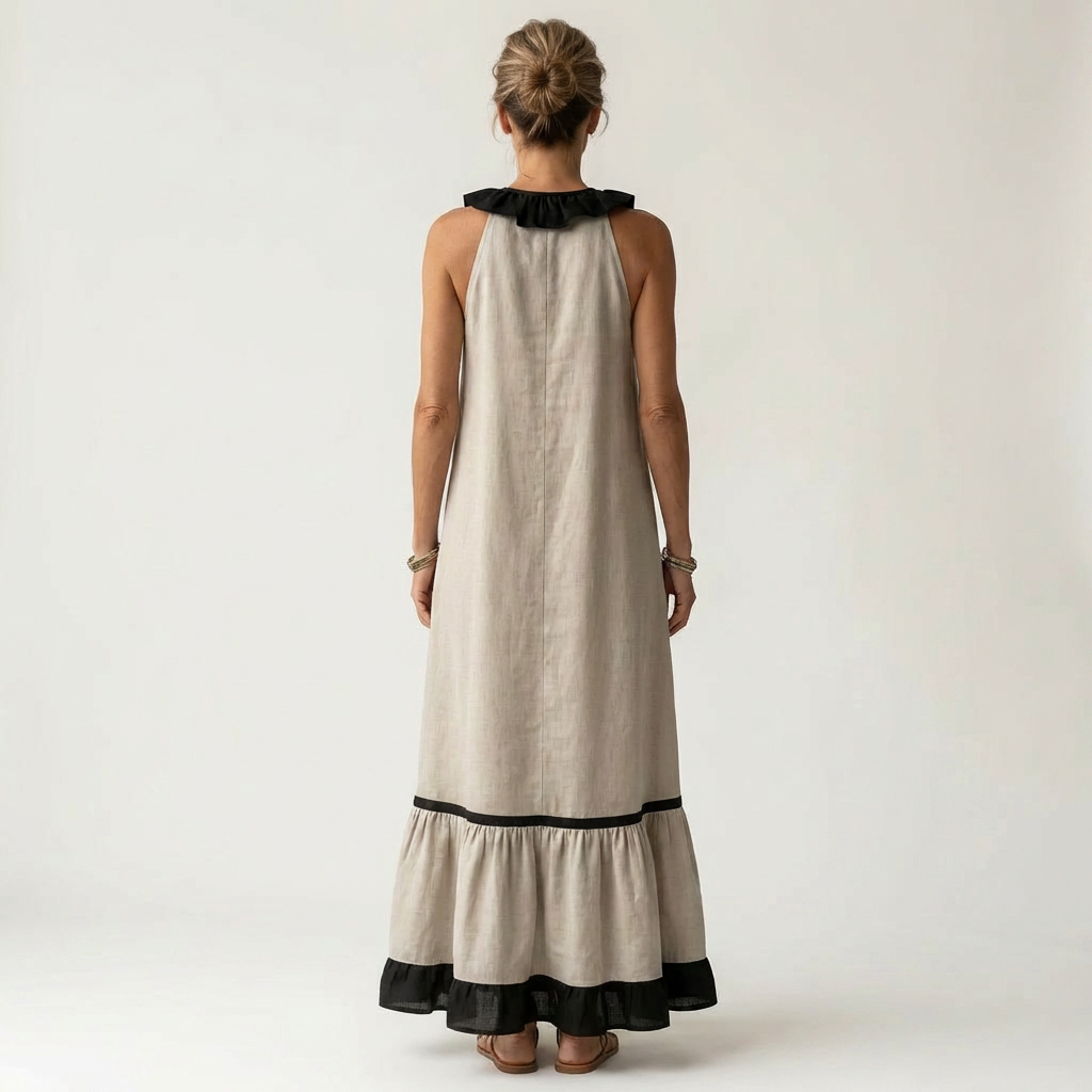 Women’s Sleeveless Ruffle Neck Contrast Trim Maxi Dress