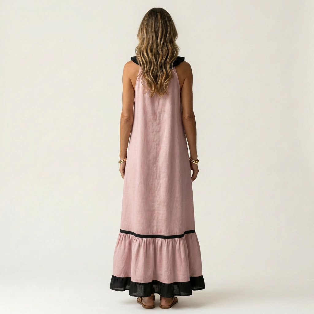 Women’s Sleeveless Ruffle Neck Contrast Trim Maxi Dress