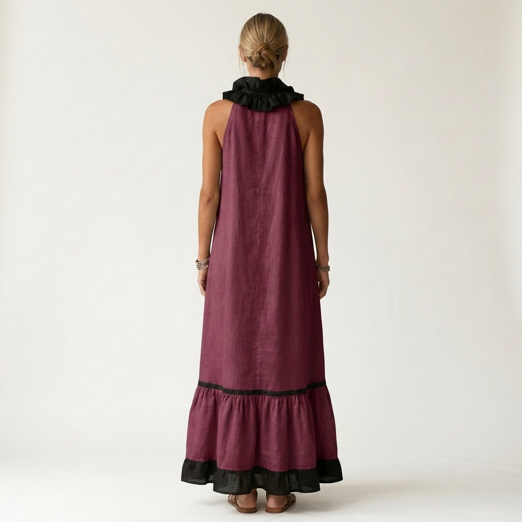 Women’s Sleeveless Ruffle Neck Contrast Trim Maxi Dress