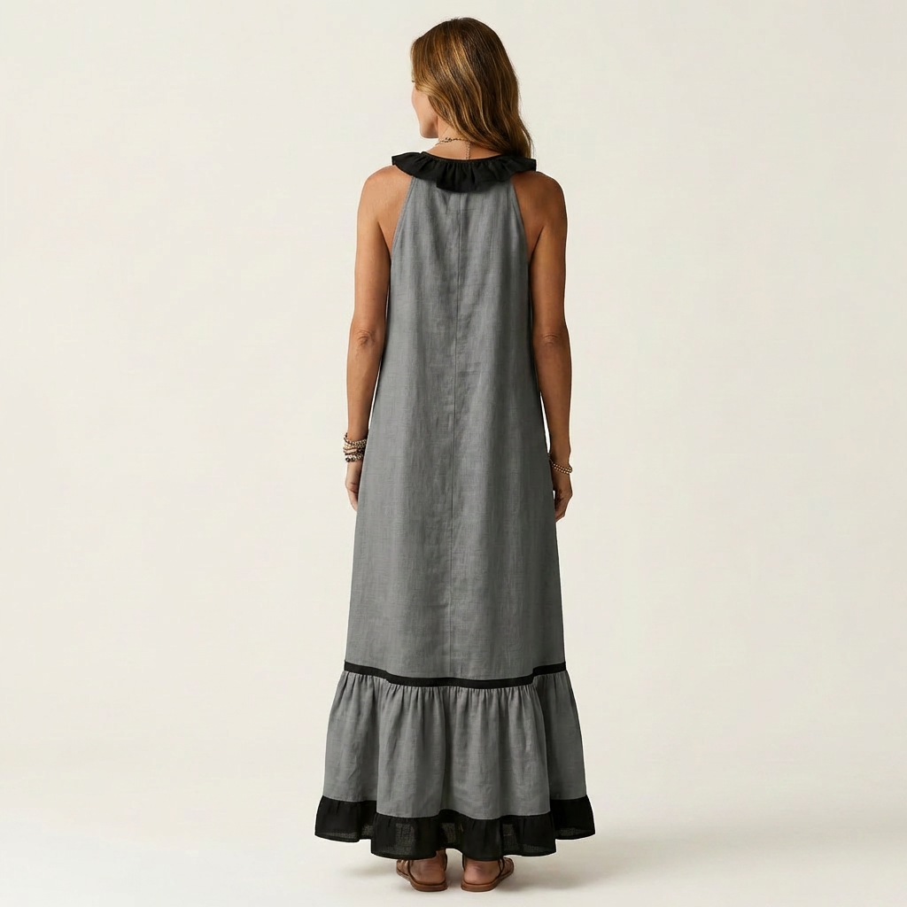 Women’s Sleeveless Ruffle Neck Contrast Trim Maxi Dress
