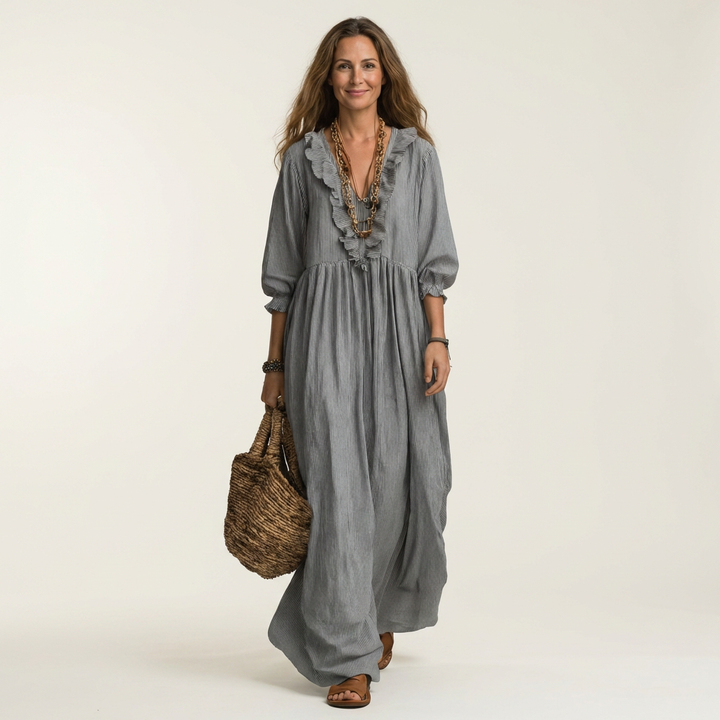 Women’s Striped V-Neck Ruffle Maxi Dress