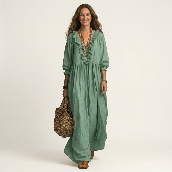 Women’s Striped V-Neck Ruffle Maxi Dress