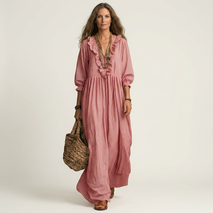 Women’s Striped V-Neck Ruffle Maxi Dress