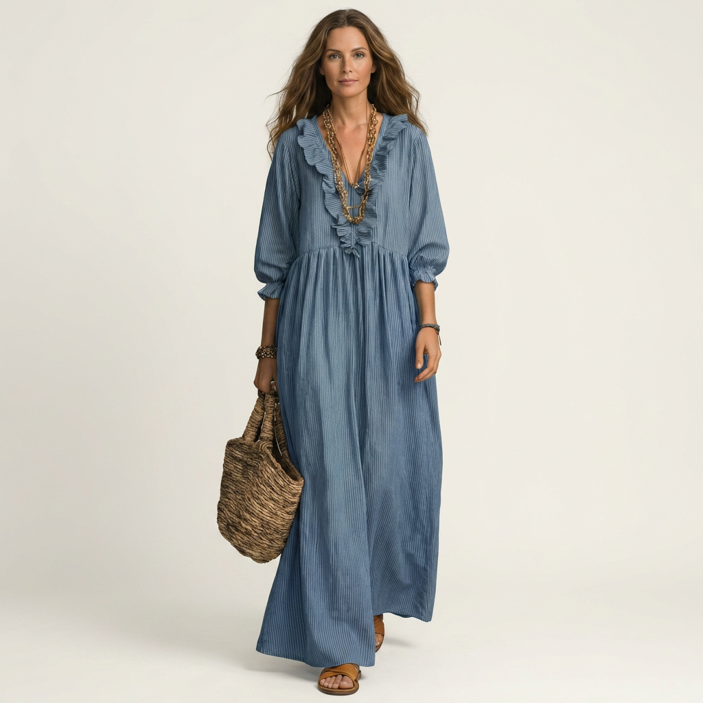 Women’s Striped V-Neck Ruffle Maxi Dress