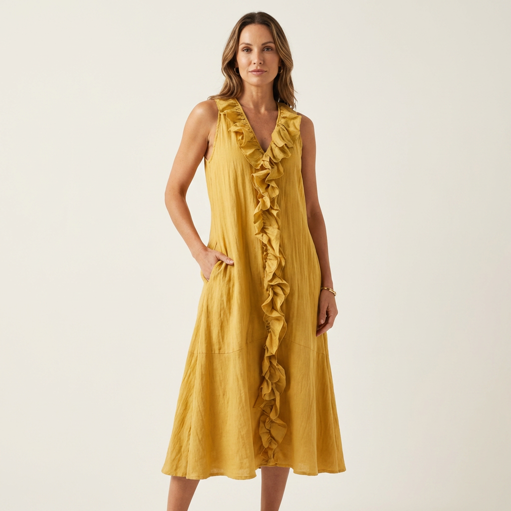 Women’s Ruffle Front V-Neck Sleeveless Maxi Dress